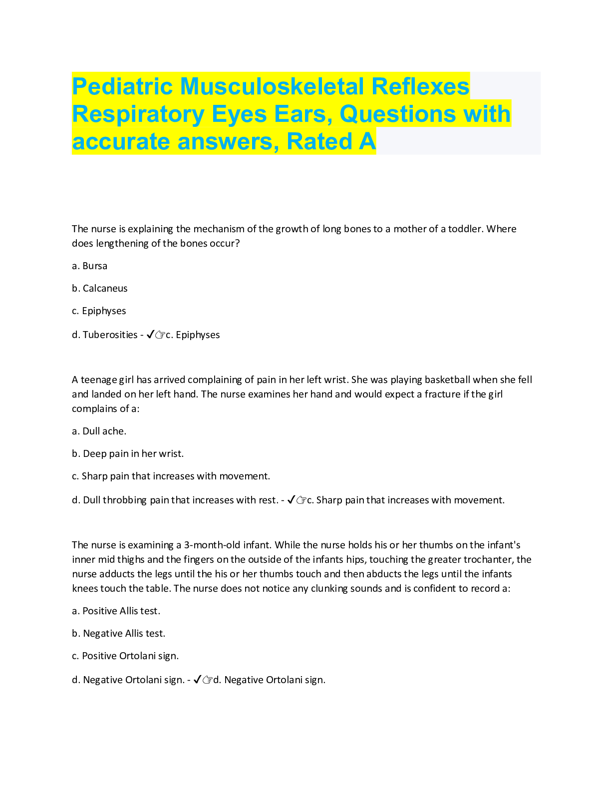 Preview image for Pediatric Musculoskeletal Reflexes Respiratory Eyes Ears, Questions with accurate answers, Rated A
